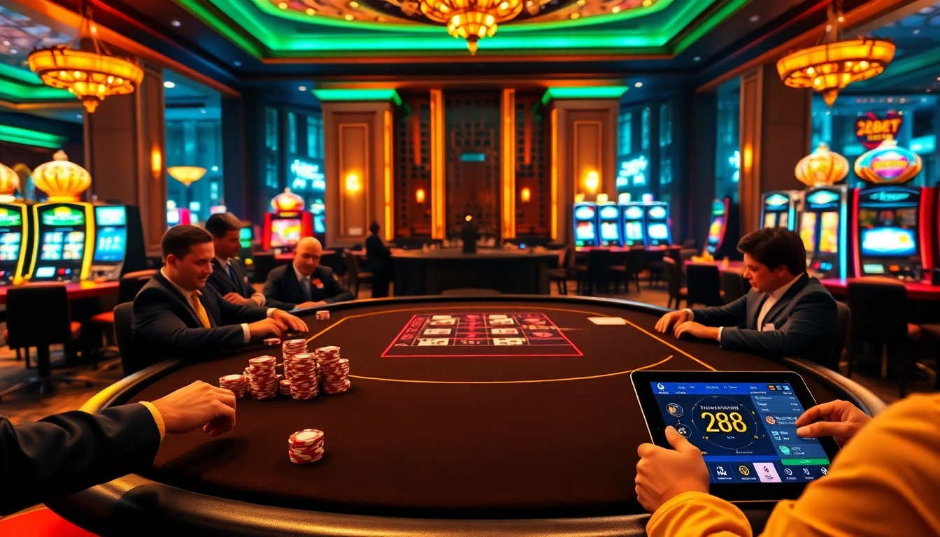 Gamblers enjoying a high-stakes game at 28BET's luxurious casino table setting.