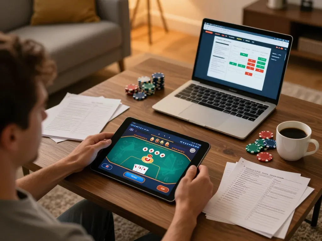 Player enjoying casinò online europei poker app in a cozy home setting with strategic game notes.