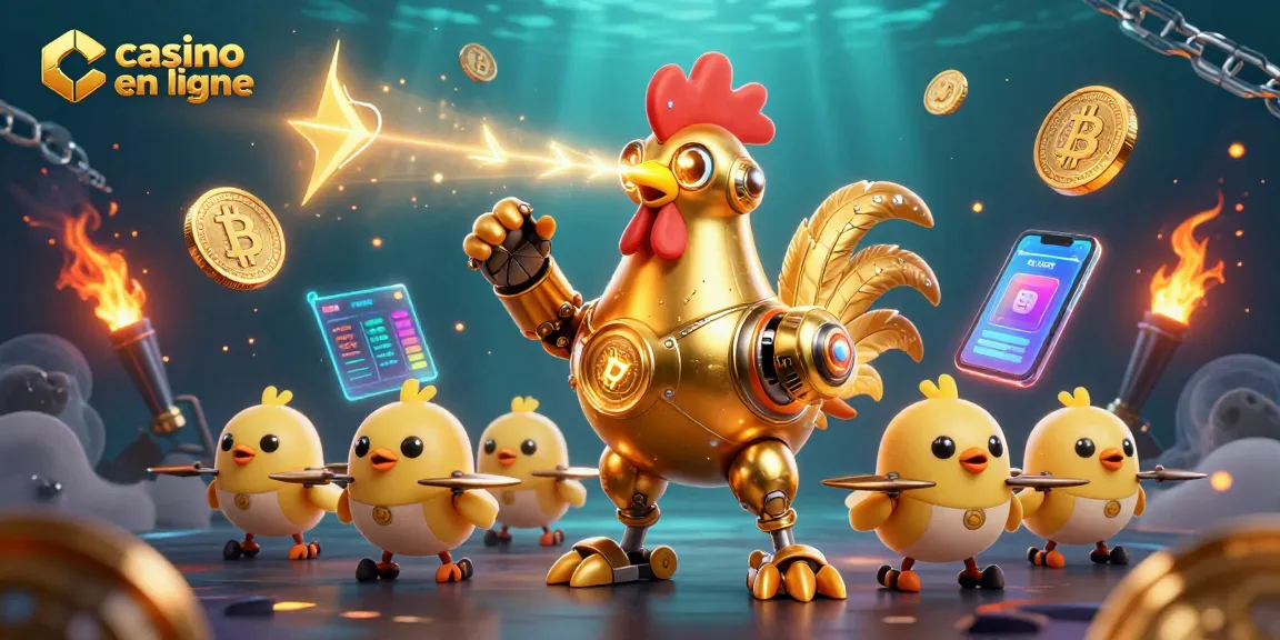 Un héros de casino en ligne explorant des gains avec un robot coq doré.