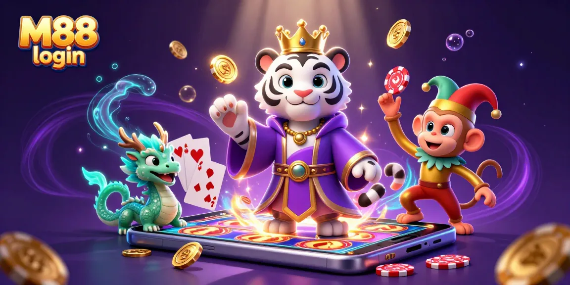 Experience thrilling M88 login with a vibrant casino scene featuring engaging games and characters.