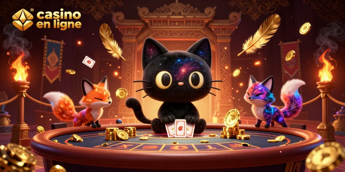 Illustration d'un chat noir trou noir au casino en ligne, attirant des jetons d'or.