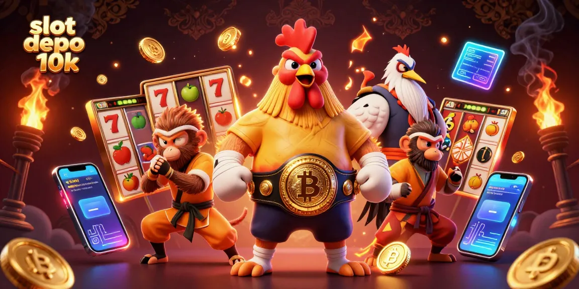 Engage in thrilling slot depo 10k games with vibrant characters and dynamic visuals in this casino illustration.