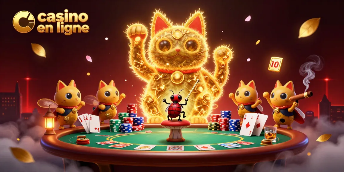 Jouer au casino en ligne grâce à un chat chanceux en forme de chat porte-bonheur dans une ambiance dynamique de jeu.