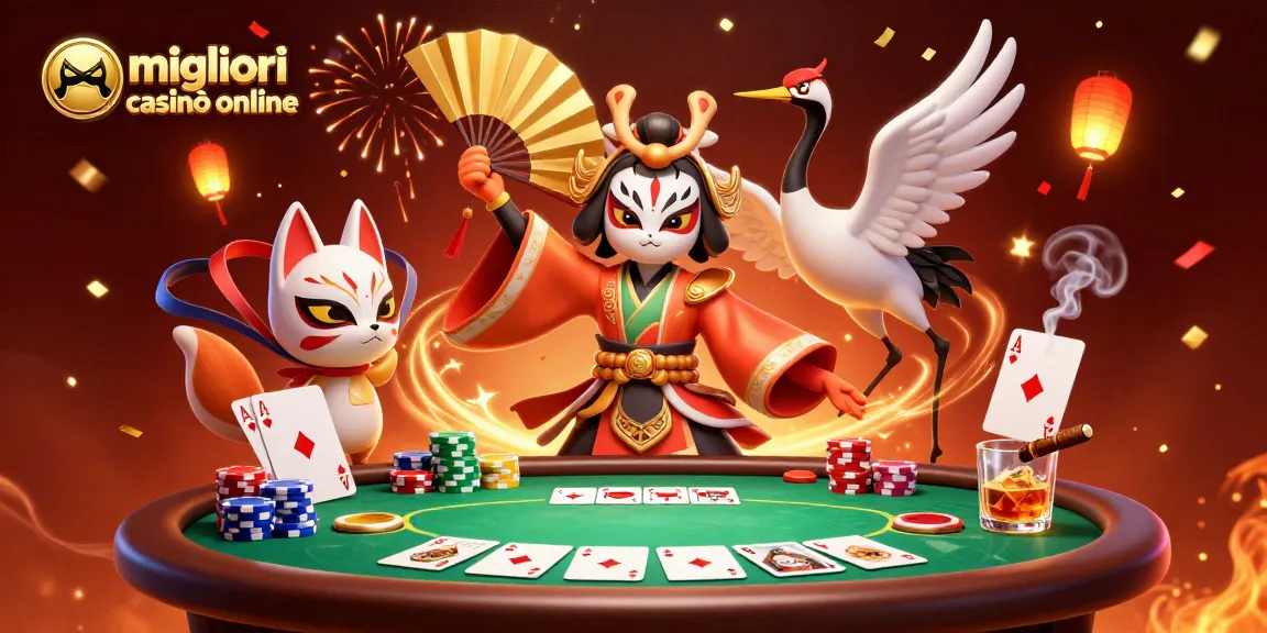 I migliori casinò online: un'illustrazione di un guerriero kabuki in un casinò vibrante con luci e giochi di carte