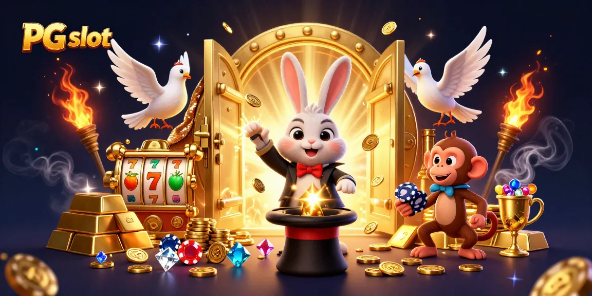Engage with PG slot excitement as a magician rabbit reveals golden treasures, surrounded by dramatic casino symbols.
