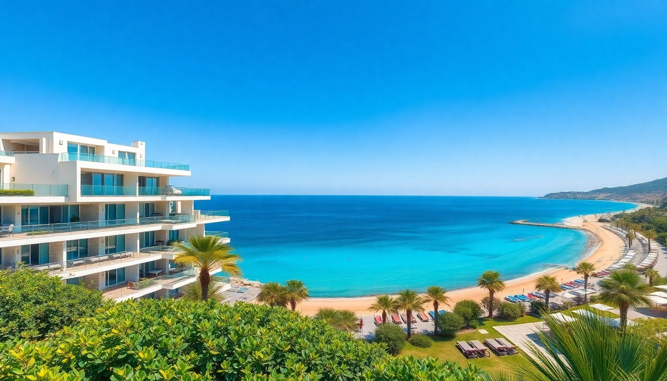 A breathtaking view of luxurious apartments for sale in Alanya Turkey beside stunning Mediterranean beaches.