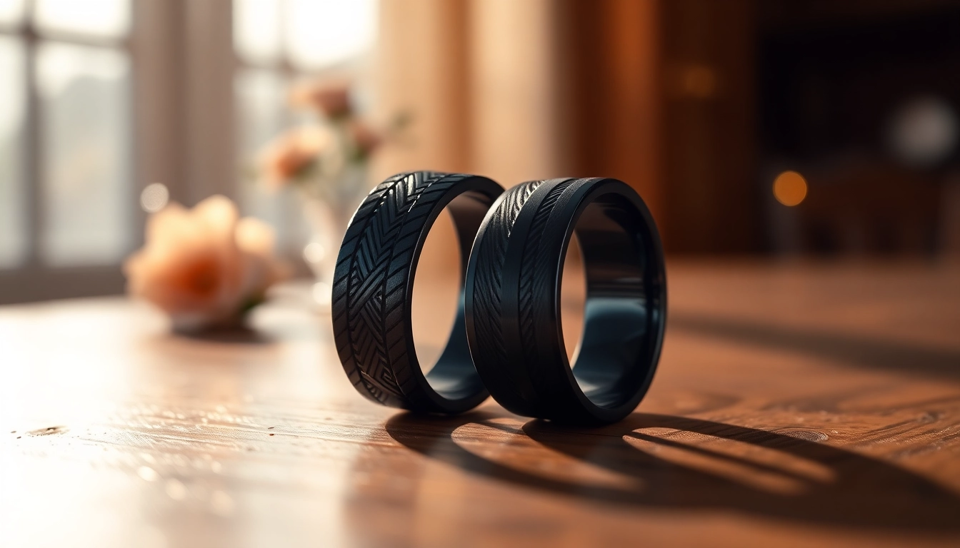Showcase of Black Wedding Rings for Men featuring unique designs and textures.