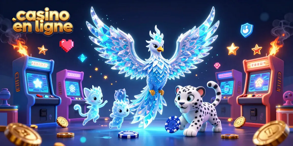 Pariez au casino en ligne avec une illustration vibrante d'un phœnix de glace et un chip de poker.