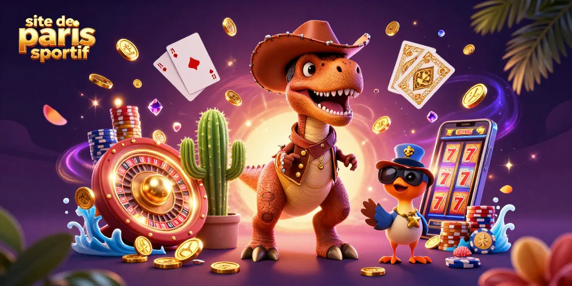 Gagnez sur le site de paris sportif avec un T-Rex et des éléments de casino colorés.