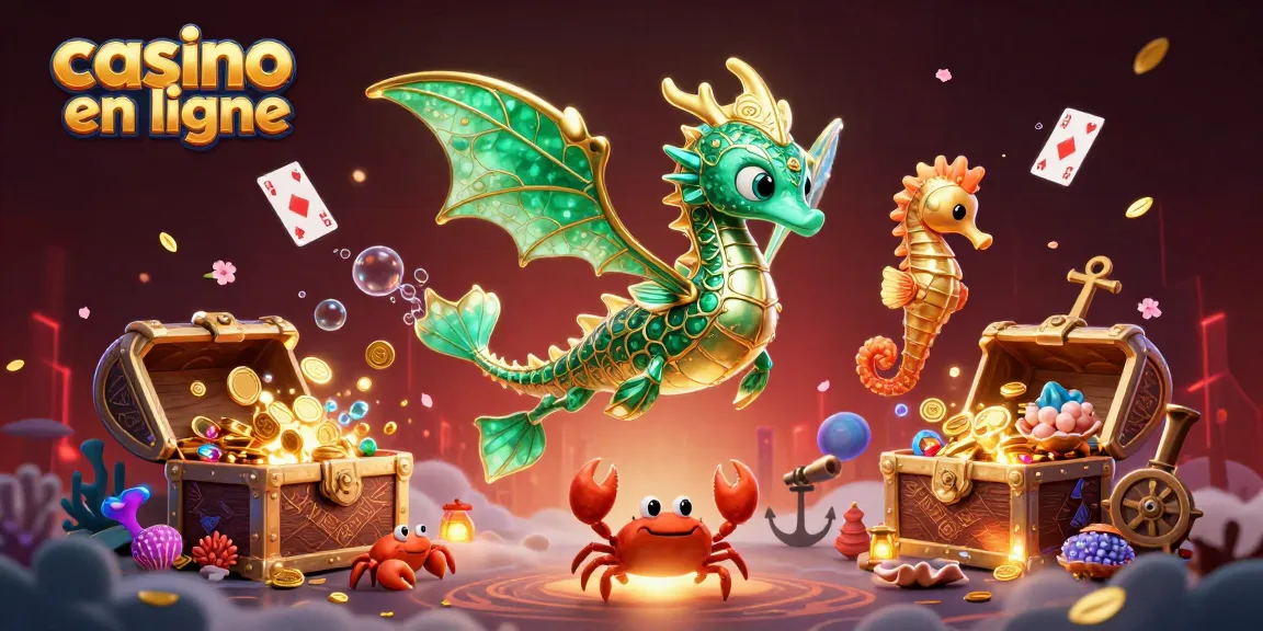 Plongée dans l'univers du casino en ligne avec un dragon de mer et une équipe de crabes joyeux découvrant un trésor sous-marin
