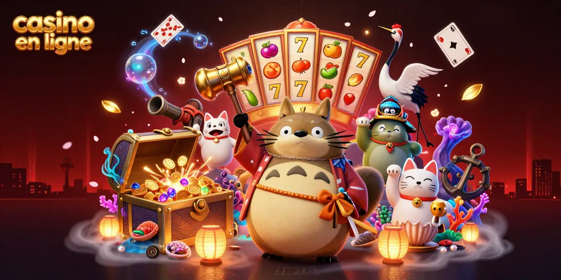 Illustration captivante représentant un tanuki et des maneki-neko dans un casino en ligne animé.