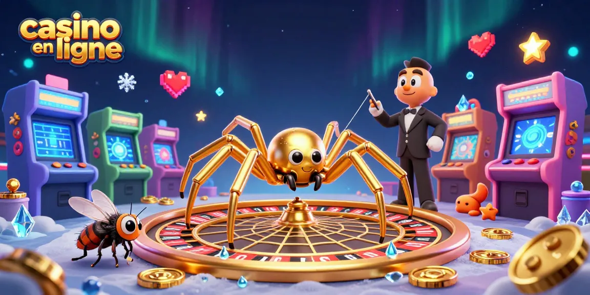 Vibrante illustration 3D représentant un casino en ligne avec une araignée d'or et des jeux animés.
