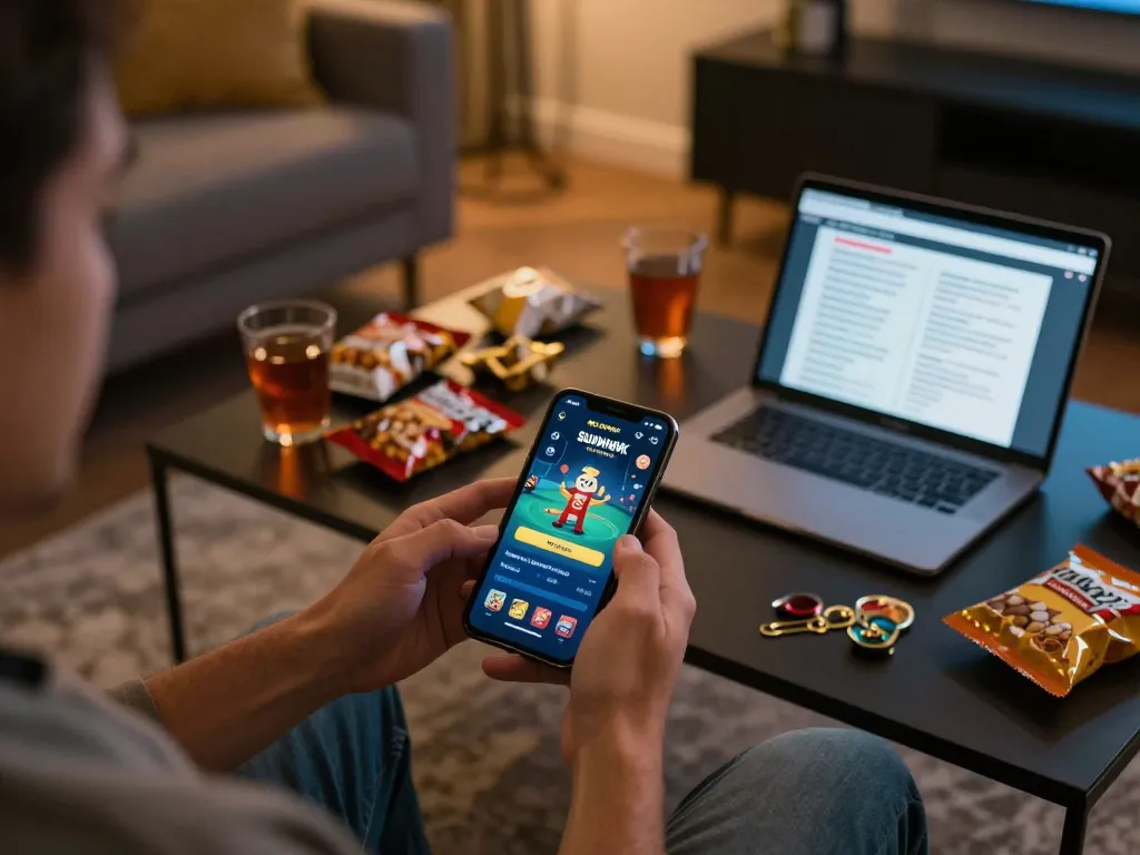 Playing sunwinapk on a smartphone in a cozy home setting with snacks and drinks.