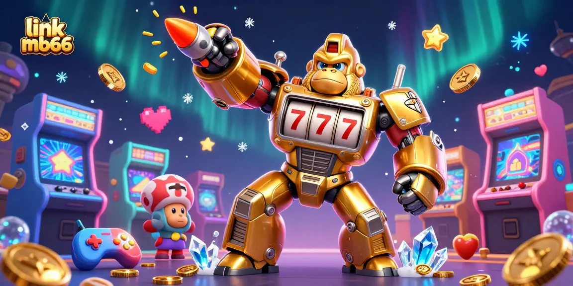 Engage with link mb66 as a golden gorilla mech punches up coins, showcasing a vibrant casino experience.