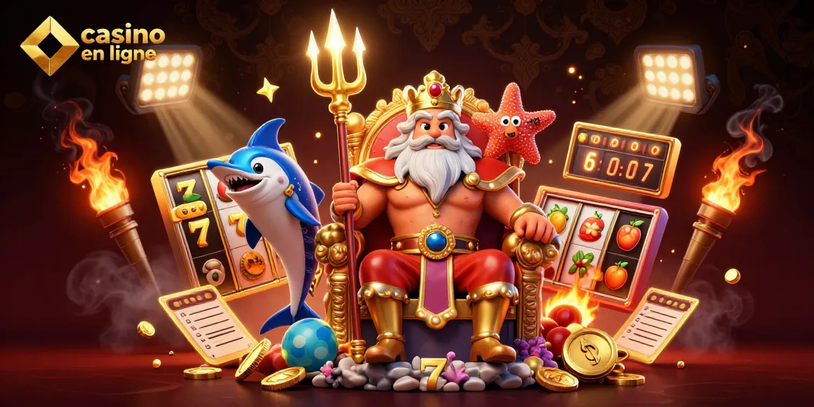 Jouer dans un casino en ligne avec Neptune et des machines à sous animées, ambiance dynamique et festive.
