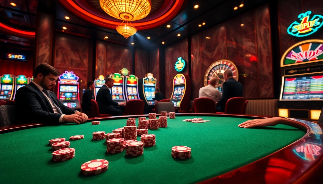 Players engaging in high-stakes gambling at SHBET casino with vibrant roulette wheel and poker chips.