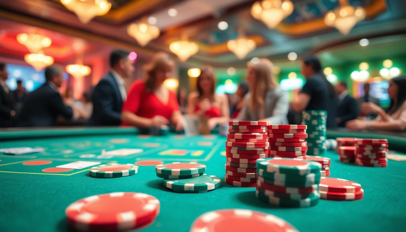 Tampilkan situs toto pada meja kasino yang meriah dengan chip dan kartu berwarna-warni.