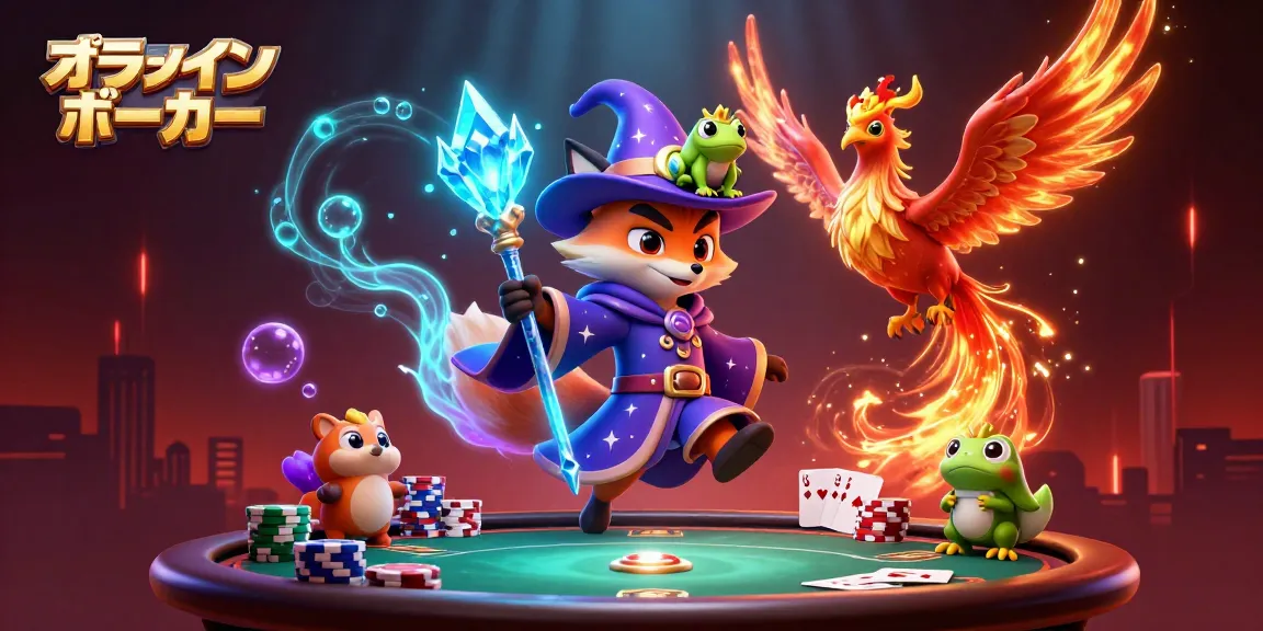 オンラインポーカーを楽しむ魔法使いのキャラクターたちが集結する魅力的なイラスト