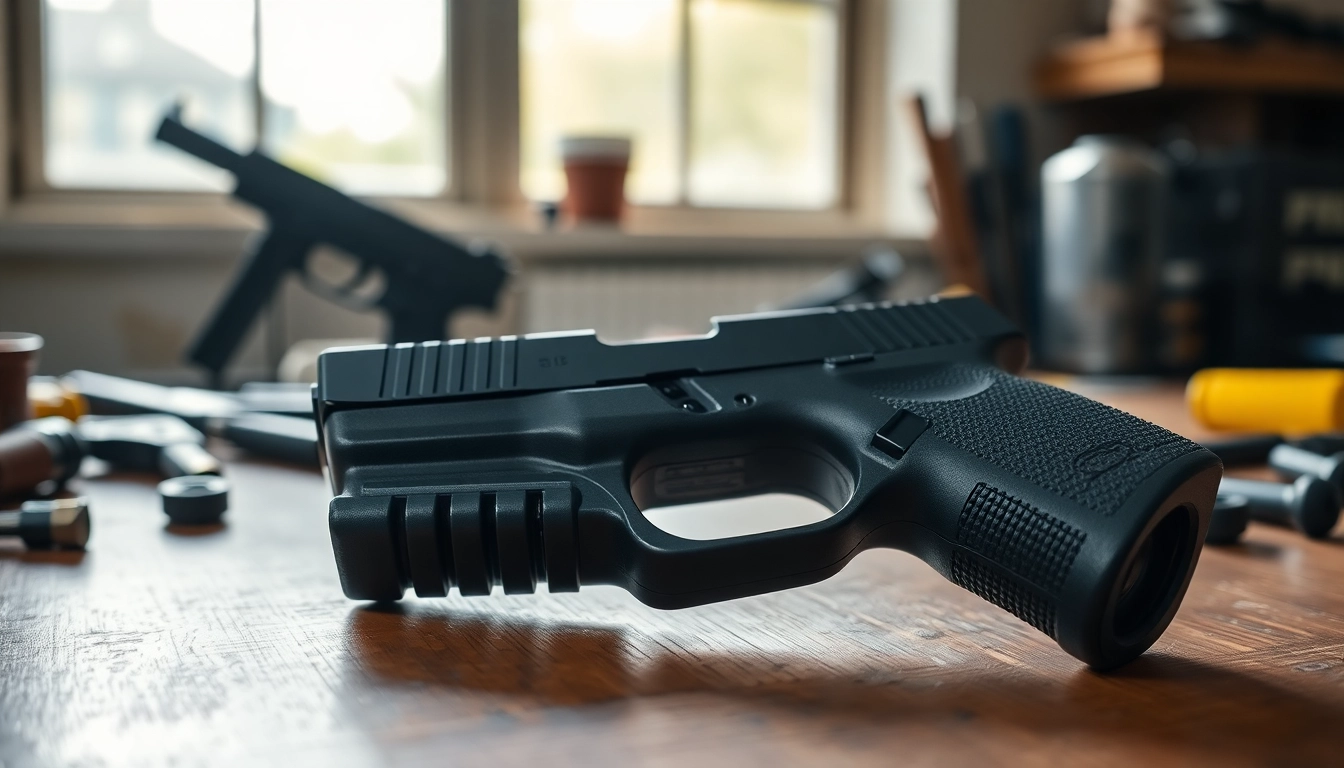 Glock 17 slide for sale highlighting its details on a rustic wooden table.