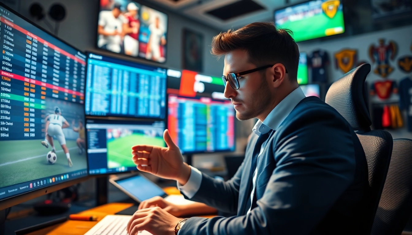Evaluate the best sports betting sites in Brazil with a focused analyst in a vibrant office.