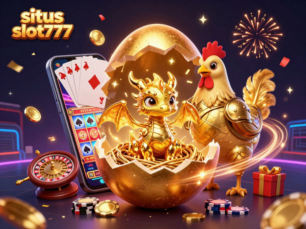 Experience excitement at situs slot777 with a golden dragon, colorful slot games, and festive confetti.