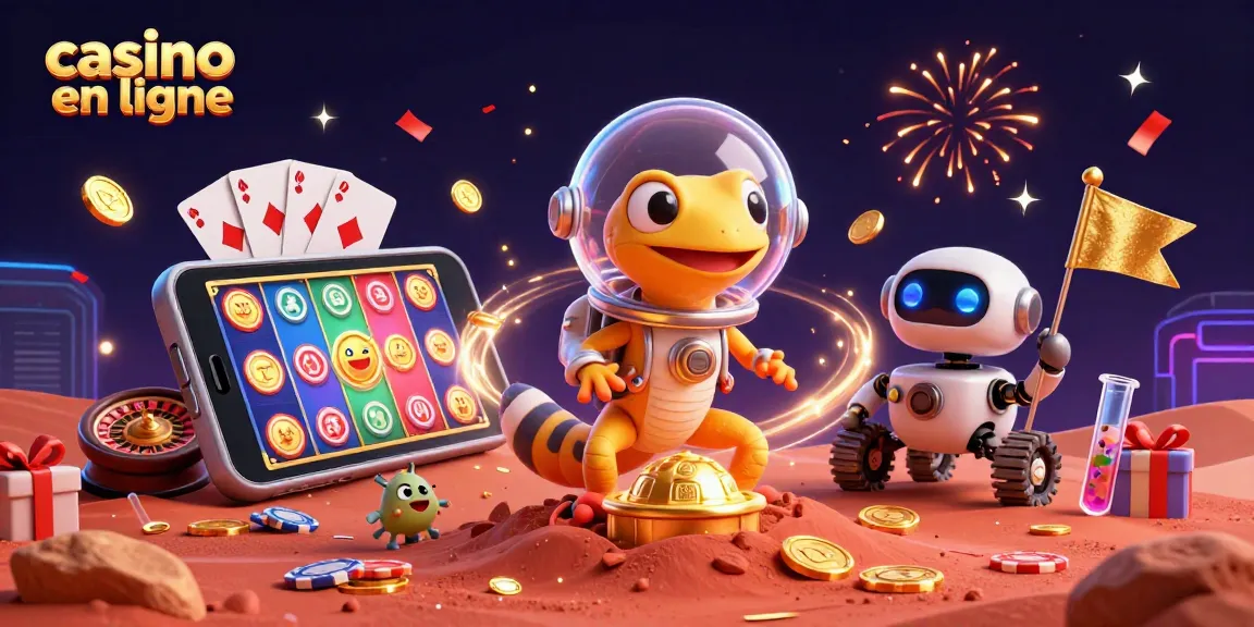 Plongée dans un monde de casino en ligne avec un gecko martien découvrant des jeux de hasard.