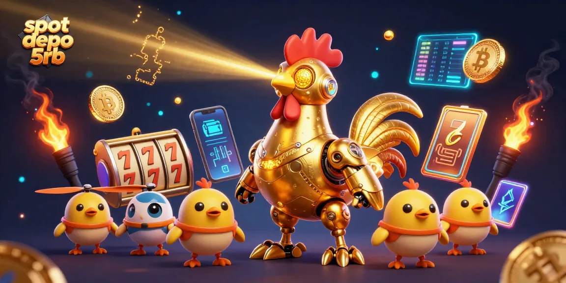 Engage in thrilling gaming with slot depo 5rb, featuring a golden rooster robot and magical elements.