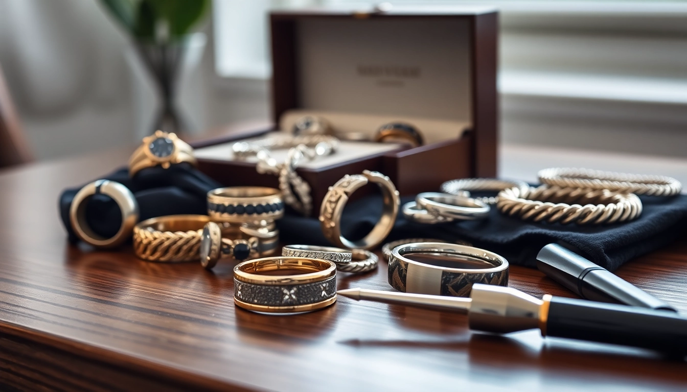 Showcase display of men's jewelry featuring stylish rings, bracelets, and necklaces.