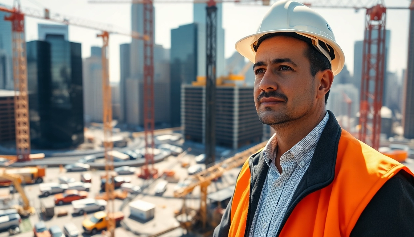 New York Construction Manager overseeing a vibrant urban construction site with cranes.