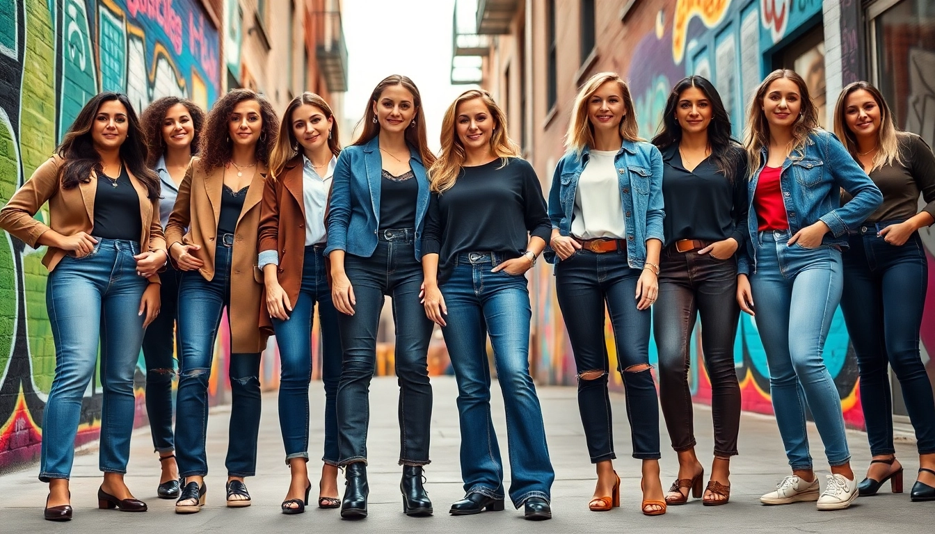 Model showcasing jeans for tall women in an urban setting, emphasizing style and fit.