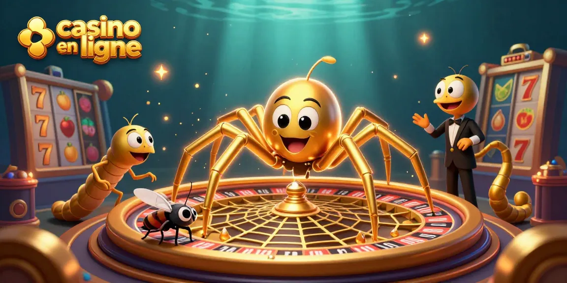Profitez du jeu au casino en ligne avec une araignée en or réalisant une toile en forme de roulette.