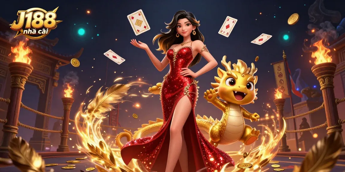 Engage with J188 nhà cái in this spectacular casino scene featuring a glamorous Asian woman and a golden dragon mascot.