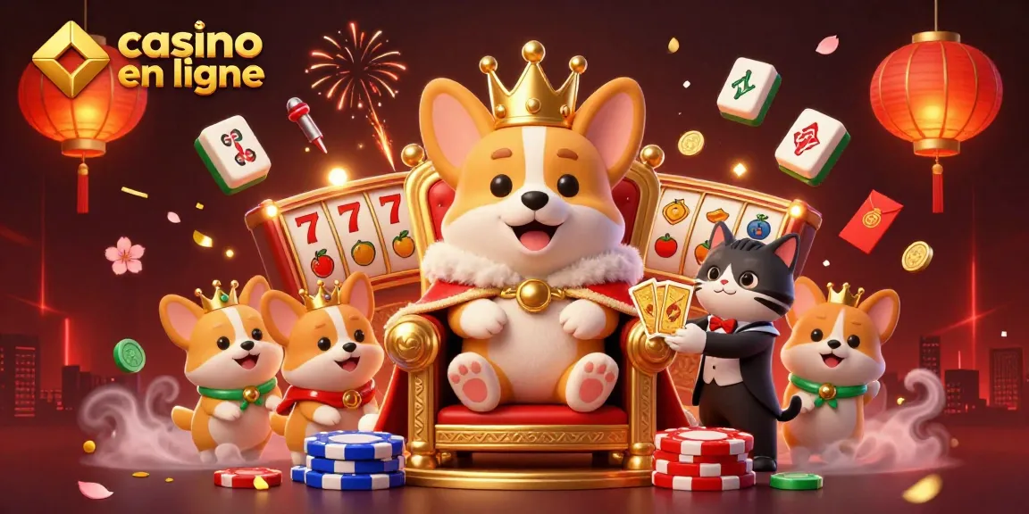 Casino en ligne avec un corgi royal et des jeux de machines à sous luxueuses représentant le divertissement.