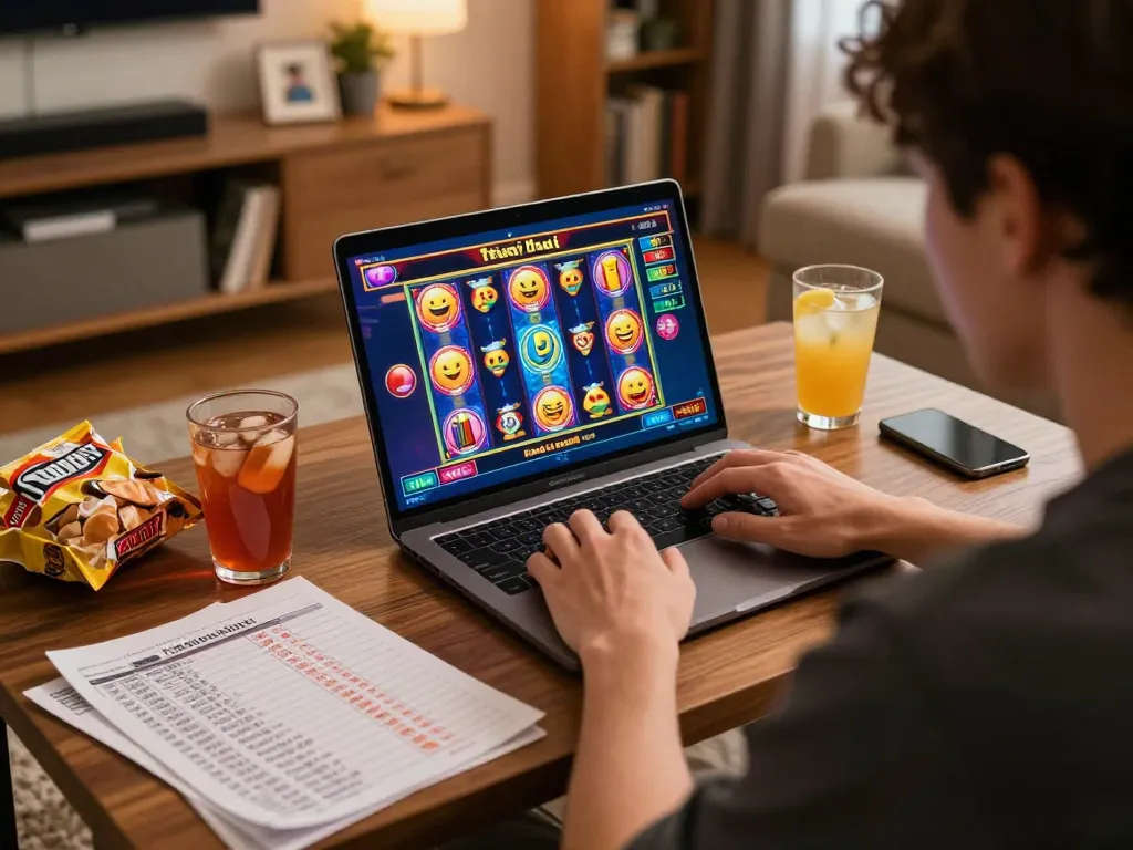 Engaged player enjoying a thailand slot game on a laptop, snacks around in a cozy home setting