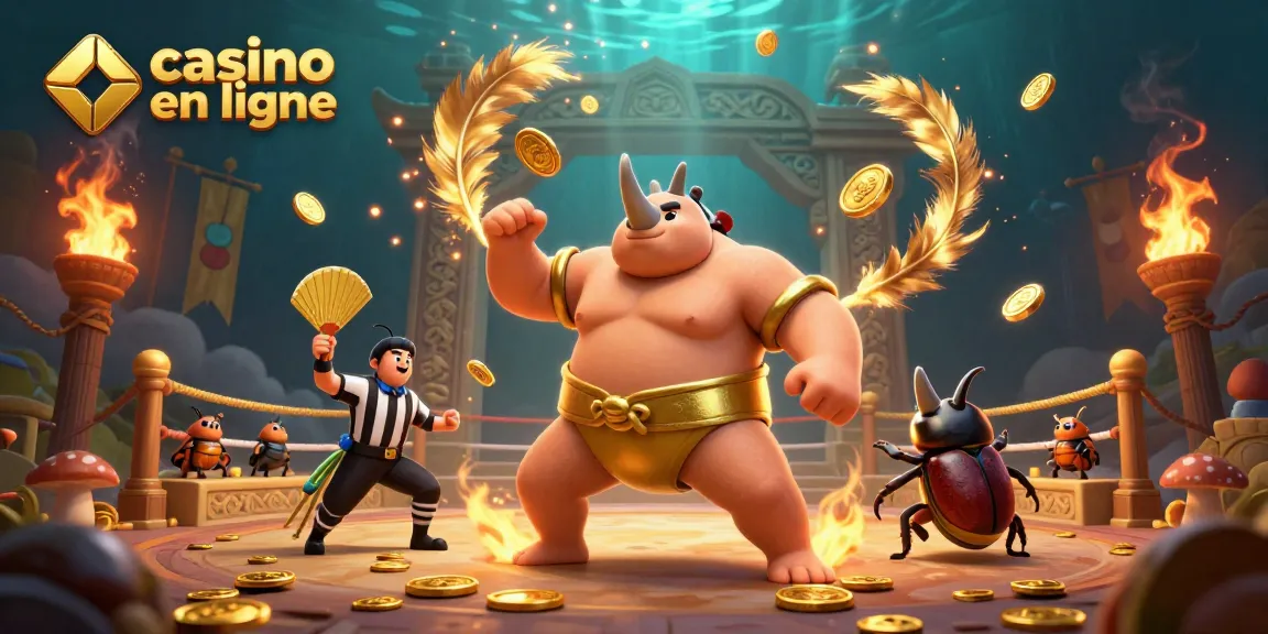 Plongez dans l'action du casino en ligne avec un sumo scarabée champion, des pièces d'or volant autour.