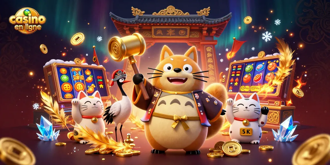 Jouer au casino en ligne avec un tanuki chanceux et des maneki-neko colorés.