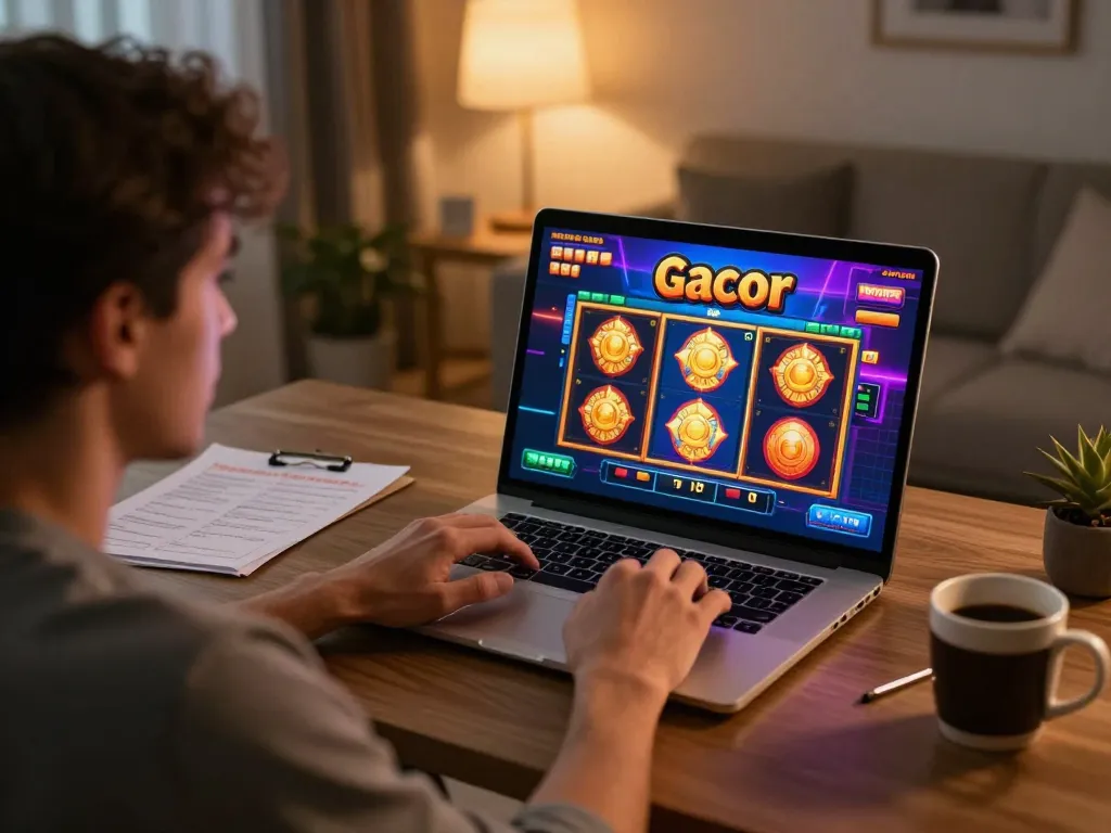 Player enjoying slot gacor gameplay on laptop with focused strategy notes nearby