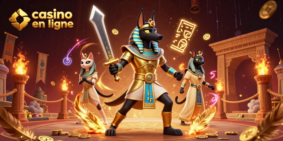 Immergez-vous dans l'univers du casino en ligne avec Anubis et Bastet parmi des symboles de jeu éblouissants.