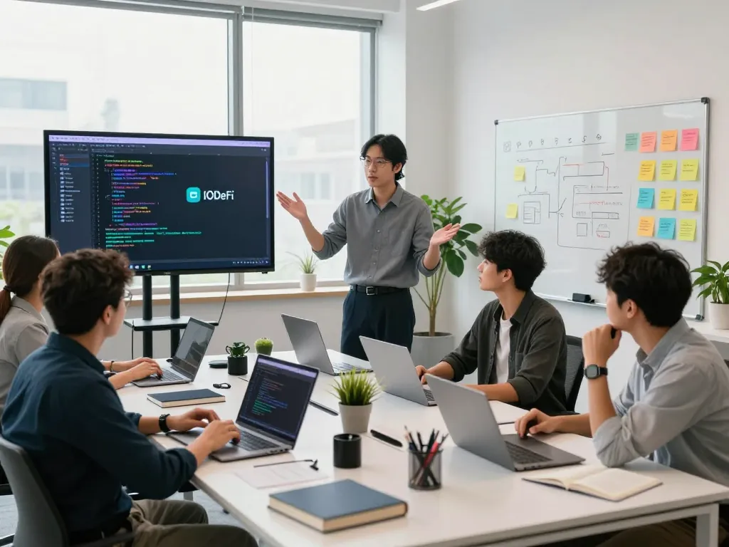 Developers collaborating on IODeFi smart contract in a modern office setting, showcasing innovative tech environment.