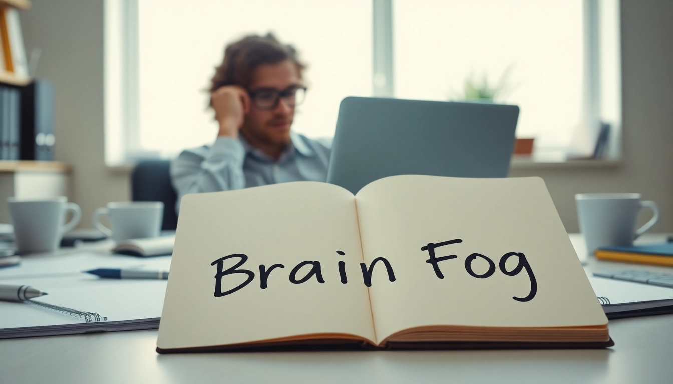 Person experiencing brain fog in an office surrounded by notes, illustrating mental confusion.