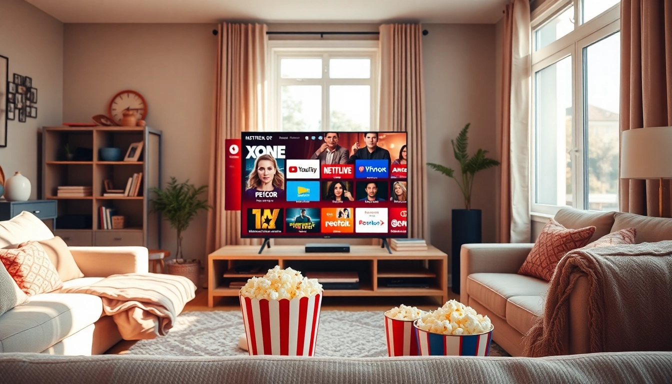 Showcasing IPTV Suisse service in a warm living room with a modern smart TV setup.
