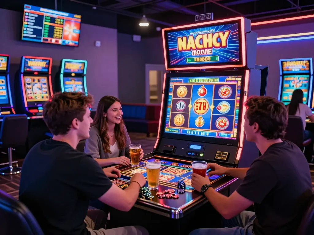 Pemain merayakan kemenangan di mesin slot virtual situs gacor di kasino online yang meriah.