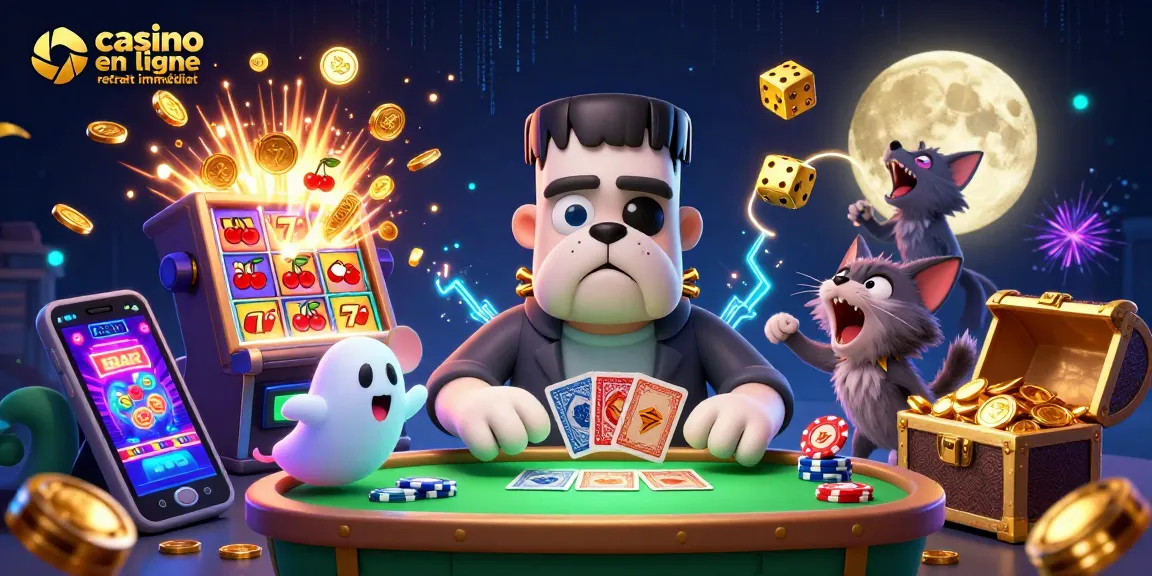 Jouez dans un casino en ligne retrait immédiat avec un bulldog Frankenstein et un chat loup, entourés de jetons et de jeux.