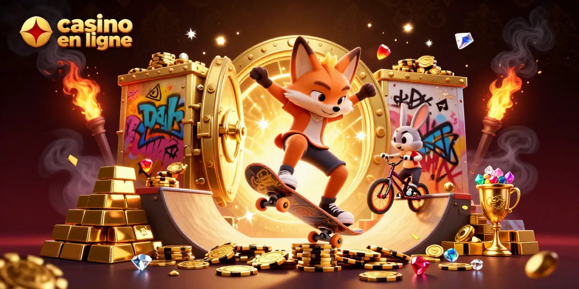 Récompense en jouant au casino en ligne, avec un renard skateboarder sur des jetons dorés et un lapin BMX, illustrant la chance.
