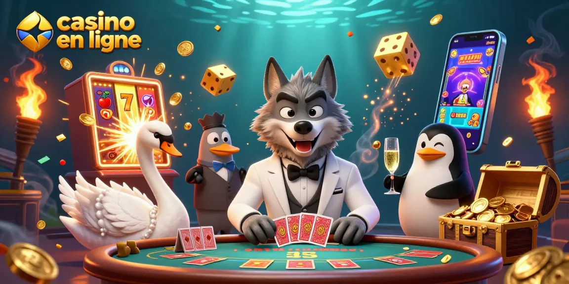 Illustration animée d'un casino en ligne avec des personnages jouant au baccarat et des éléments de jeu colorés.