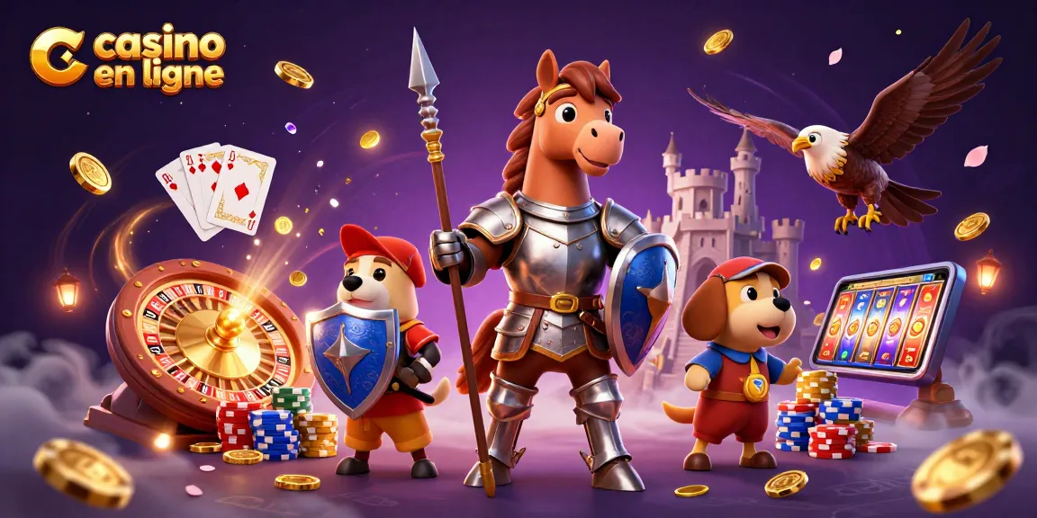 Illustration dynamique de casino en ligne avec un chevalier, un chiot et un faucon, accompagnée de jetons et de cartes.