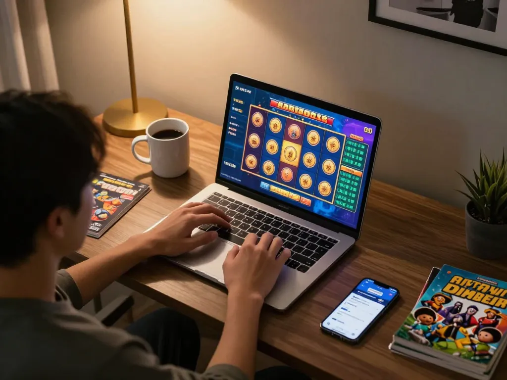 Engaging scene of a player enjoying a mahjong slot game on a laptop at home, showcasing dynamic gameplay.