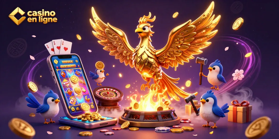 Gagnez gros au casino en ligne avec notre illustration de phoenix doré et jeux scintillants.
