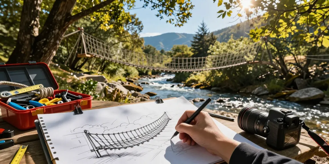 A designer working on a Rope Bridge design sketch outdoors amid nature and tools.