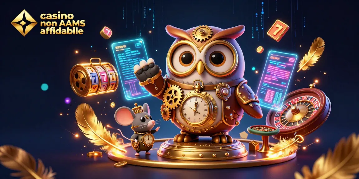 Un'illustrazione 3D di un casino non AAMS affidabile con un gufo viaggiatore e elementi futuristici.